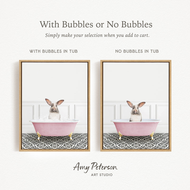 The image is a collage of two pictures featuring a rabbit sitting in a pink bathtub. The rabbit is sitting in the tub with bubbles, while the other image shows the rabbit sitting in the tub without bubbles. The text above the images reads "With Bubbles or No Bubbles Simply make your selection when you add to cart."