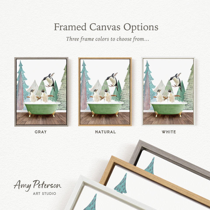 The image is a framed canvas option showcasing three different color options for a painting of a bird in a bathtub, with a snowy landscape in the background.