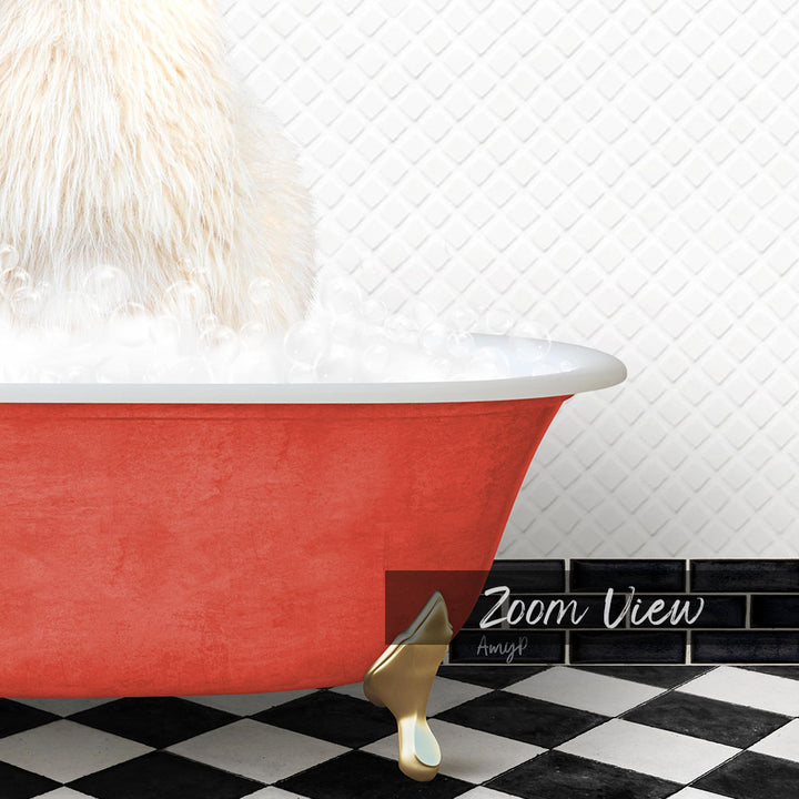 A fluffy white cat is sitting in a red bathtub filled with bubbles, with a black and white checkered floor and a tile wall in the background.