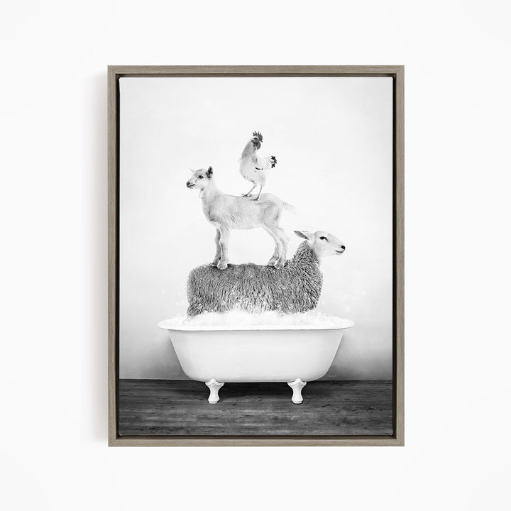 A black and white image depicting three animals - a goat, a chicken, and a sheep - standing on top of a white bathtub filled with water.