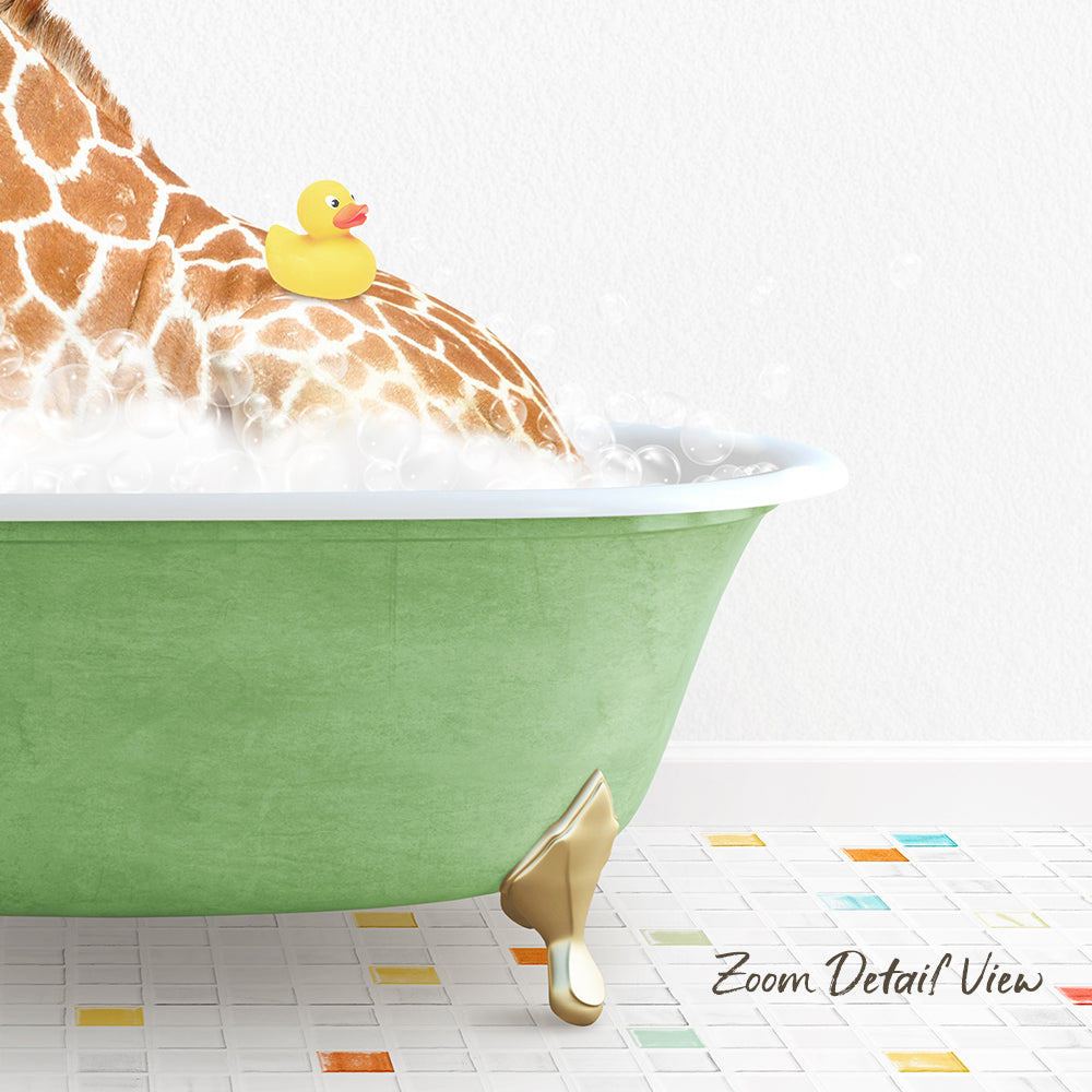 A giraffe is sitting in a green bathtub filled with bubbles, with a yellow rubber duck floating on its back.