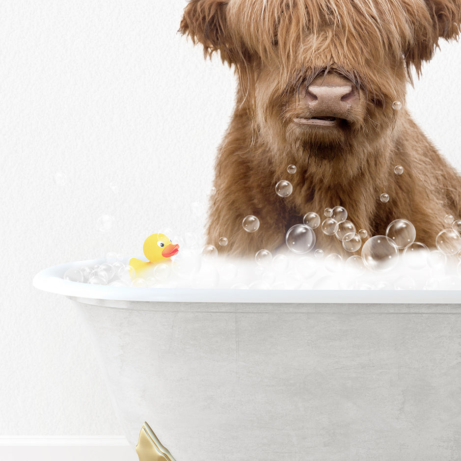 a dog sitting in a bathtub with bubbles and a rubber duck