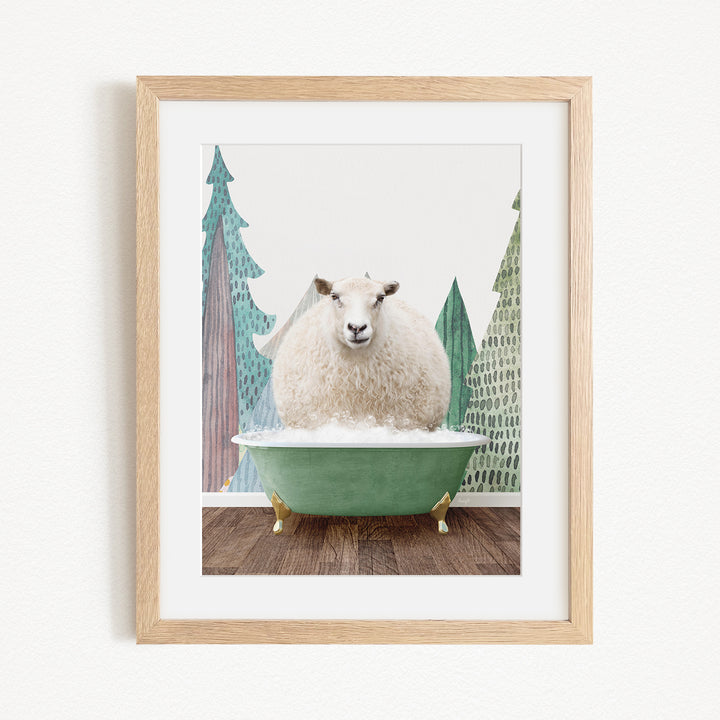 A fluffy white sheep sits in a green bathtub, surrounded by a forest scene with trees and a snowy landscape.