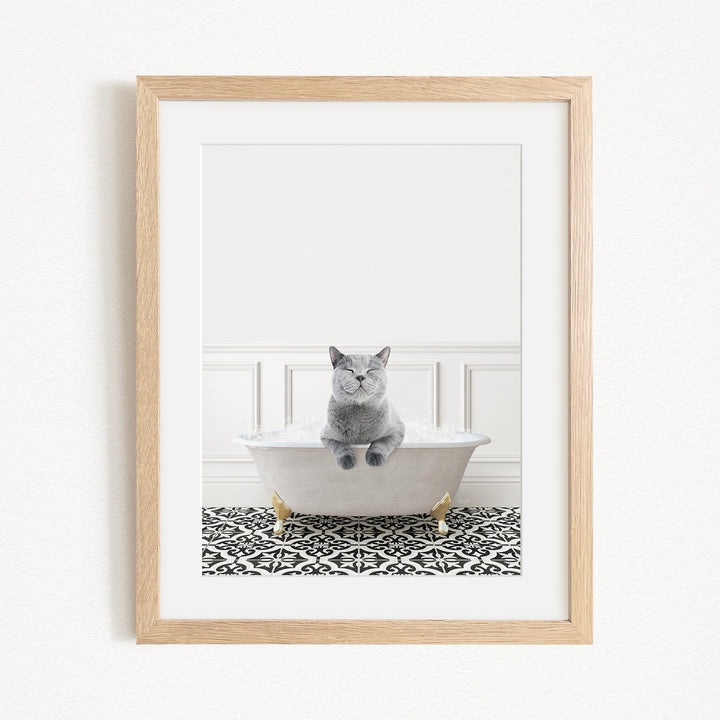A gray cat sitting in a white bathtub filled with bubbles, with a black and white patterned rug on the floor.