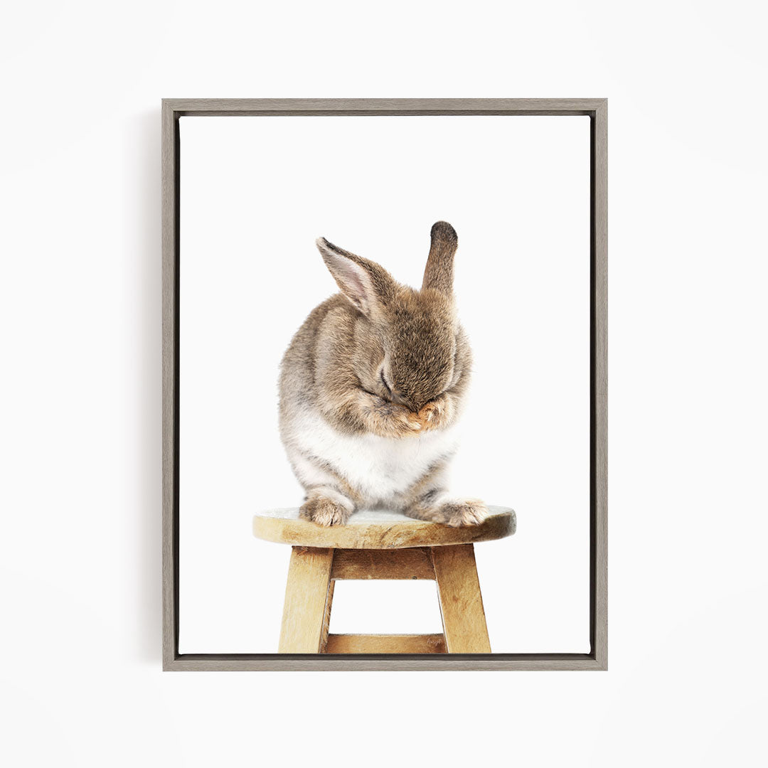 A cute brown rabbit sitting on a wooden stool, with its head resting on its paws.