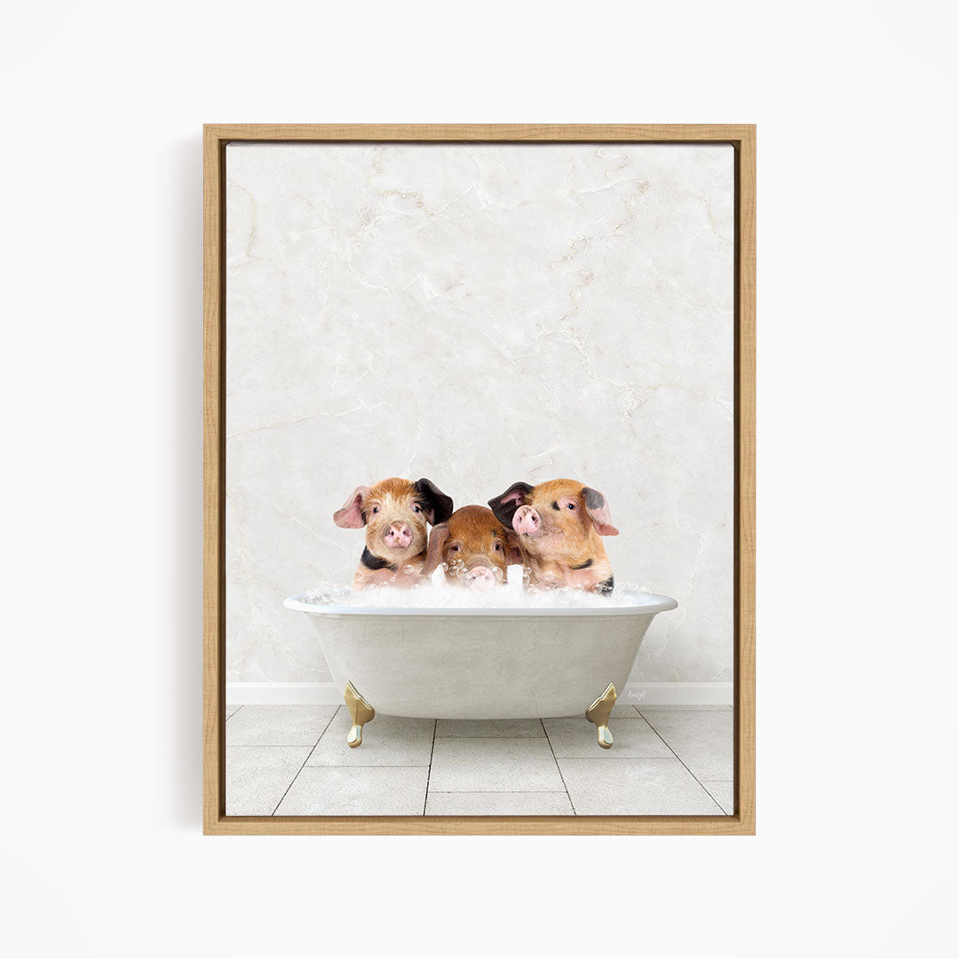 Three adorable pigs sitting in a white bathtub, enjoying a relaxing bath.