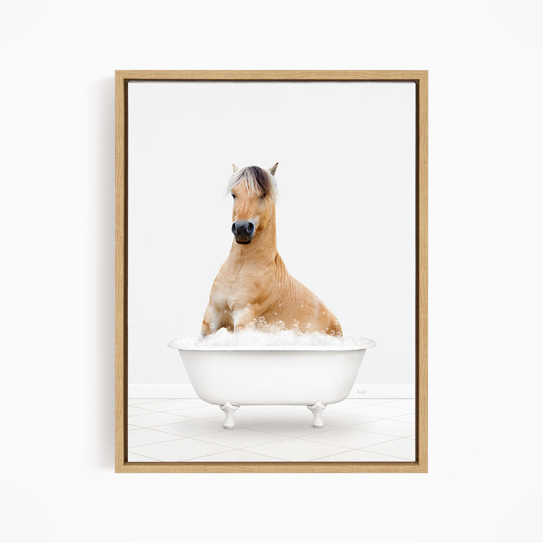 A brown horse sitting in a white bathtub filled with bubbles, looking directly at the camera.