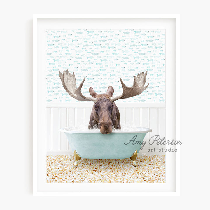 a moose is sitting in a bathtub with his head above the water