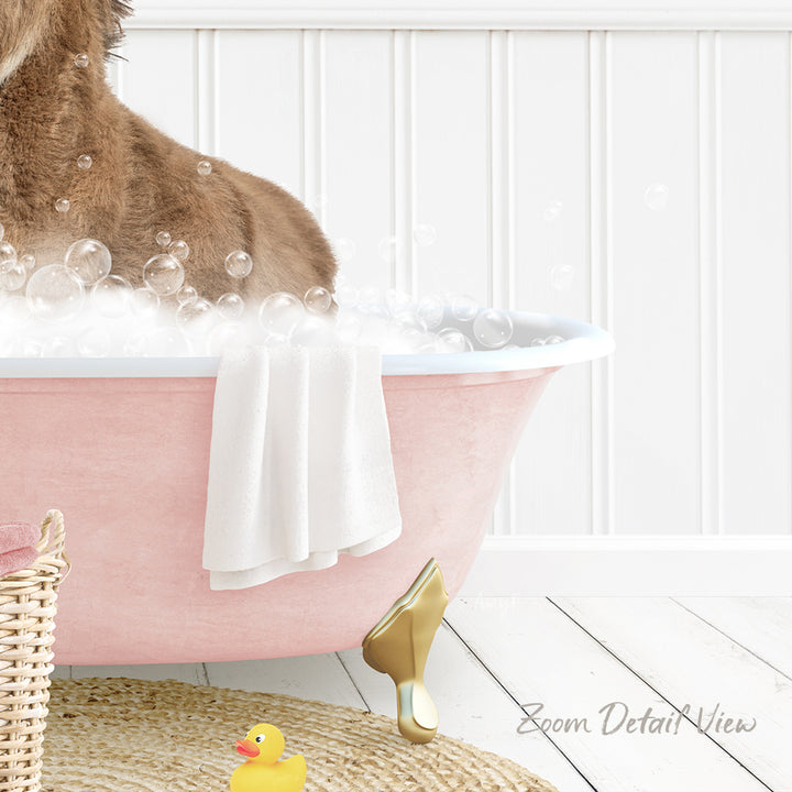 A dog is sitting in a pink bathtub filled with bubbles, surrounded by a yellow rubber duck and a white towel.
