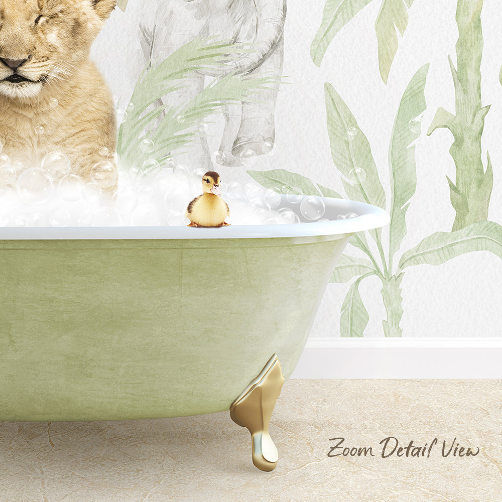 A golden bathtub filled with bubbles, with a small yellow duck sitting on the edge and a large elephant-like creature in the background.