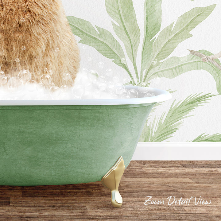 A cat is sitting in a green bathtub filled with bubbles, with a tropical plant wallpaper in the background.