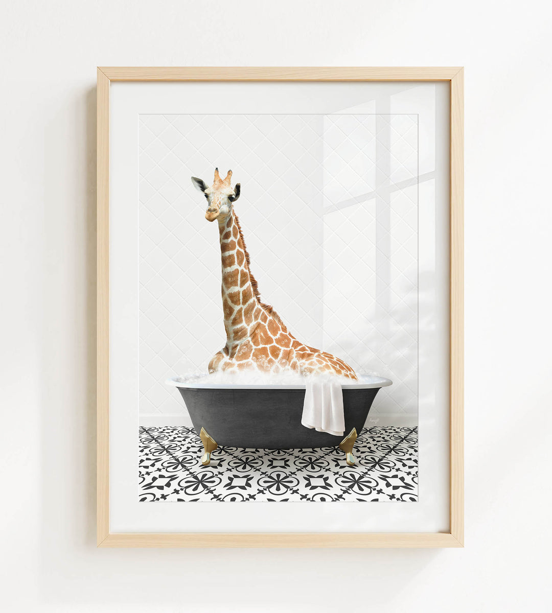 A giraffe sitting in a bathtub filled with water, surrounded by a black and white patterned floor.