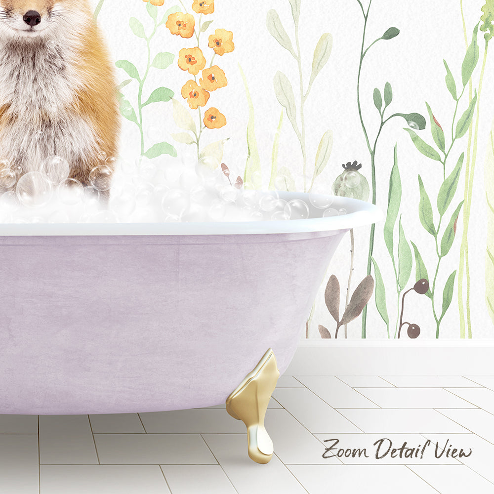A fluffy dog is sitting in a pink bathtub filled with bubbles, surrounded by a floral wallpaper.