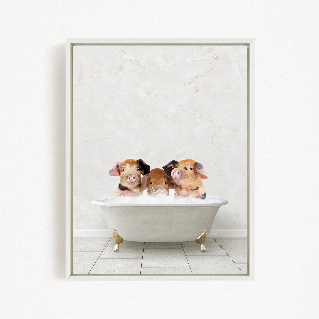 Three adorable pigs sitting in a white bathtub, enjoying a relaxing bath.