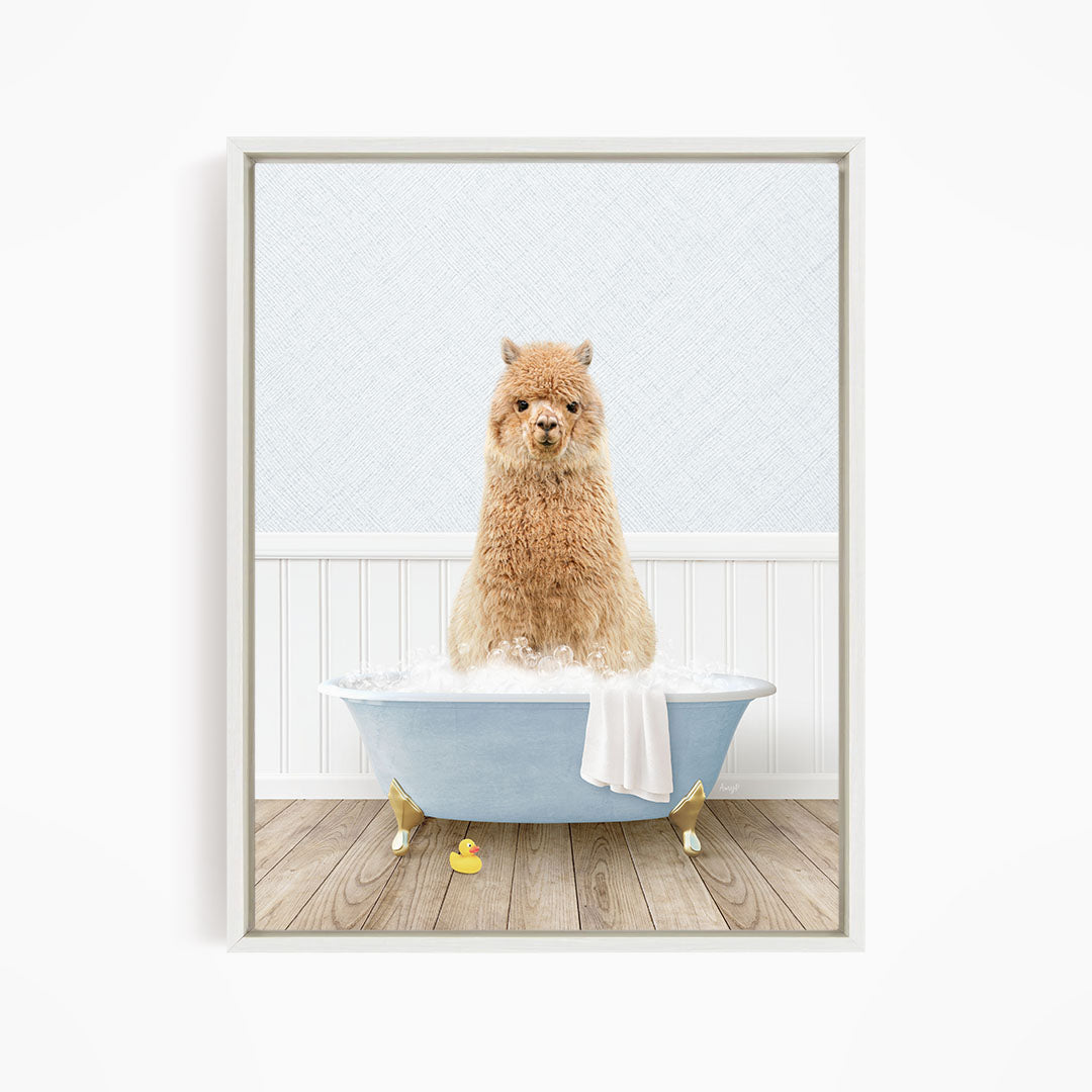 A fluffy brown dog sitting in a blue bathtub filled with bubbles, with a white towel and rubber duck nearby.