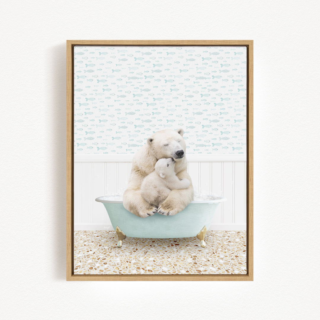 A polar bear and its cub sitting in a bathtub, surrounded by a patterned wall.