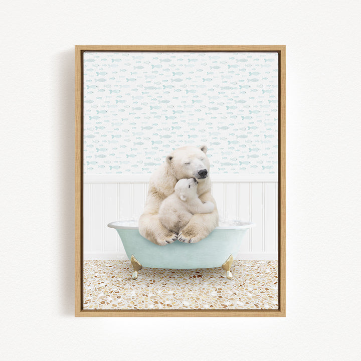 A polar bear and its cub sitting in a bathtub, surrounded by a patterned wall.
