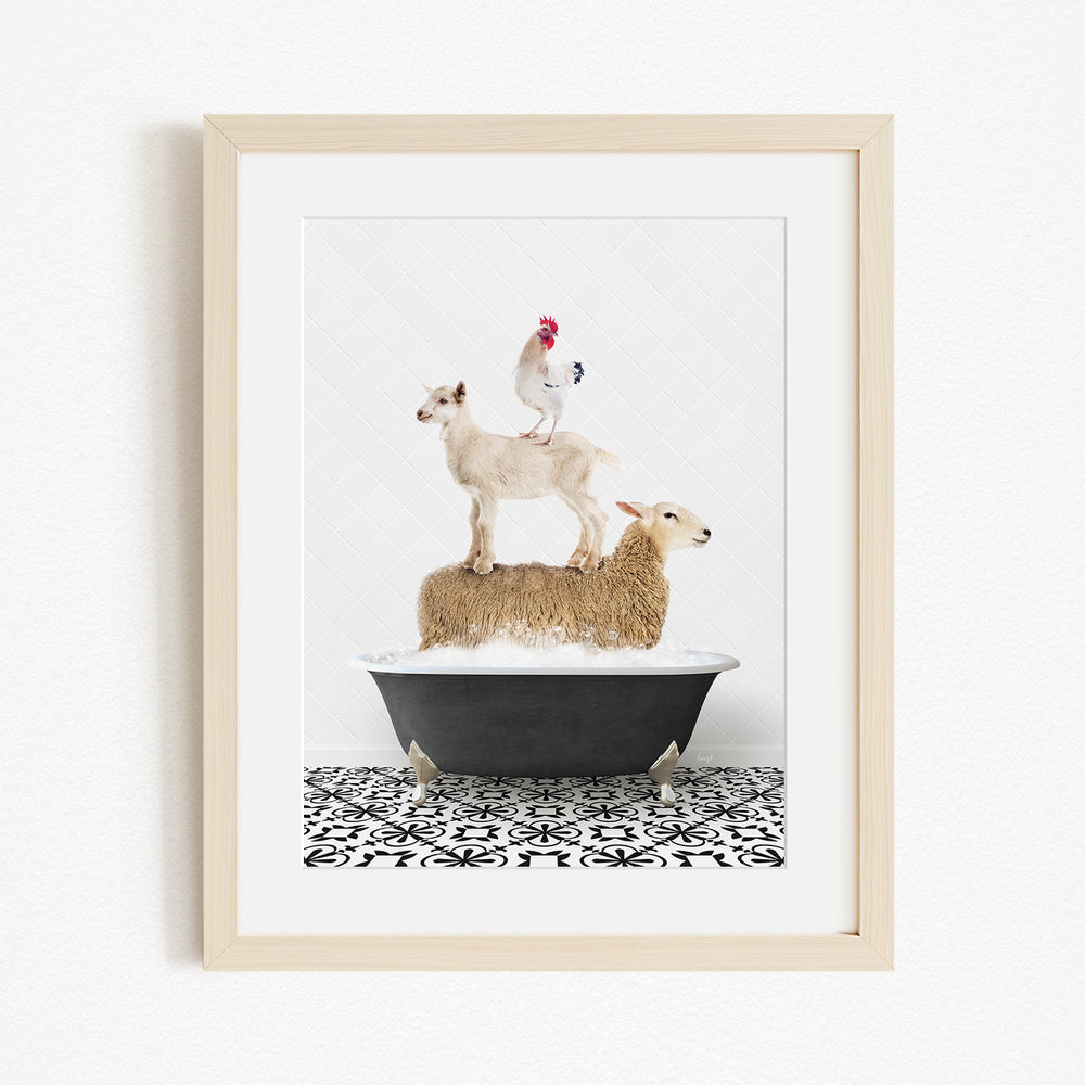 A framed image depicting a goat standing on top of a sheep in a bathtub, with a rooster perched on the sheep's back.