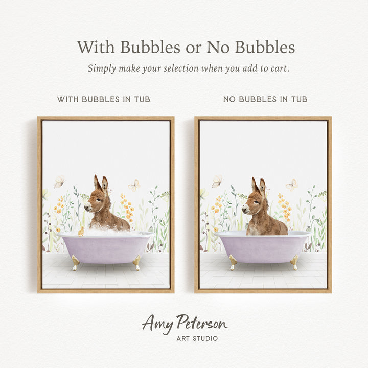 The image is a framed print featuring a donkey sitting in a bathtub, with the text "With Bubbles or No Bubbles" above the image.