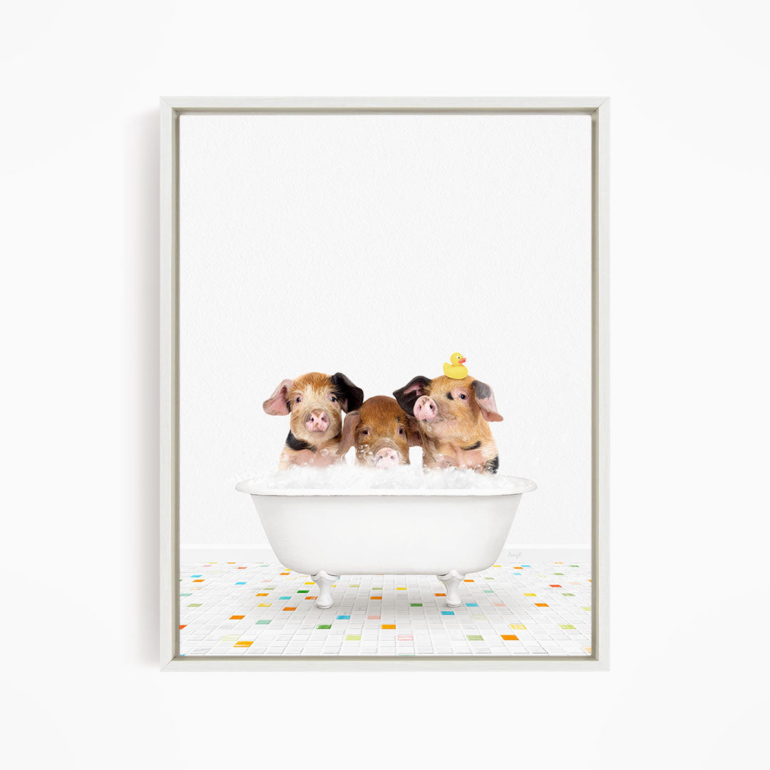Three adorable pigs sitting in a white bathtub, each with a yellow rubber duck on their heads, creating a playful and whimsical scene.