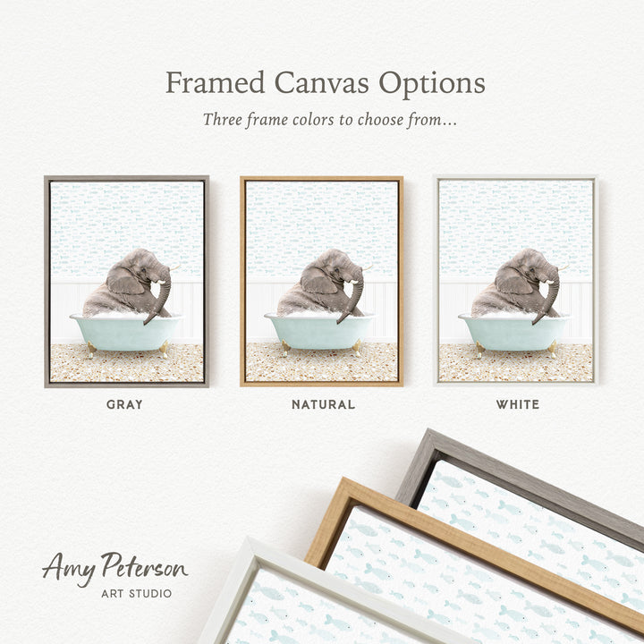 The image is a framed canvas option featuring three different color options for a painting of an elephant in a bathtub.
