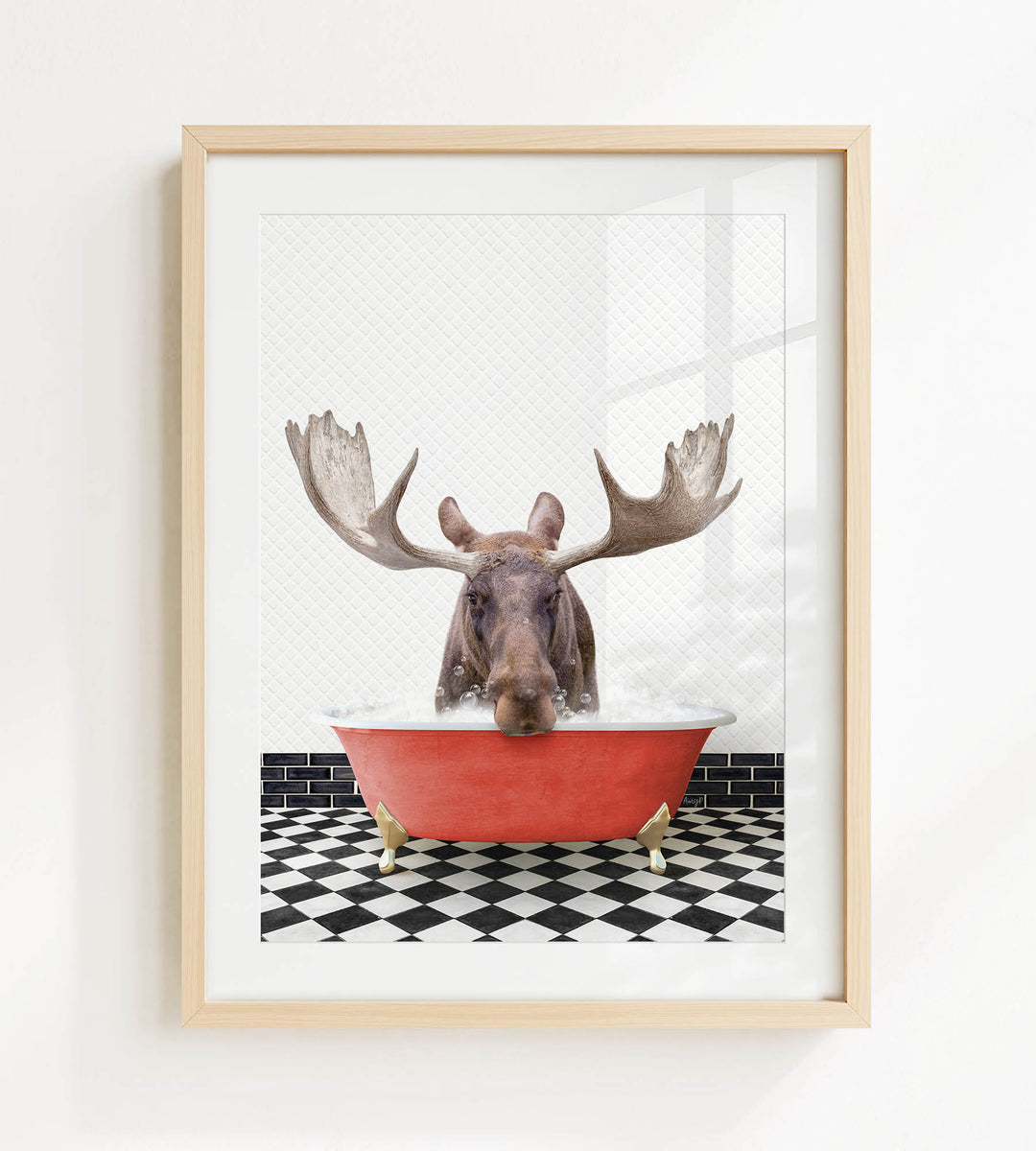 A moose with large antlers is sitting in a red bathtub, surrounded by a black and white checkered floor.