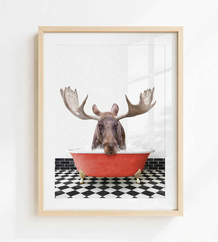 A moose with large antlers is sitting in a red bathtub, surrounded by a black and white checkered floor.