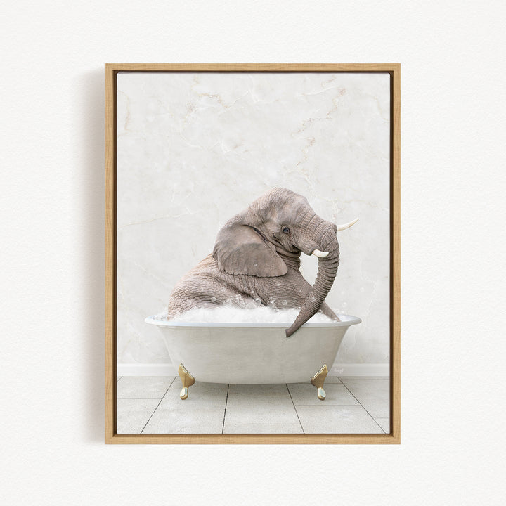 A gray elephant sitting in a white bathtub filled with water, with its trunk submerged in the water.