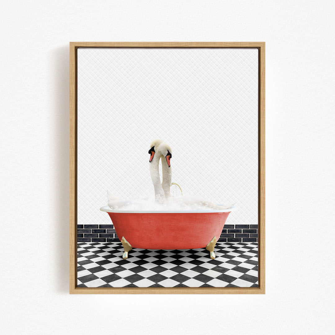 A pair of swans standing in a red bathtub filled with bubbles, with a black and white checkered floor in the background.
