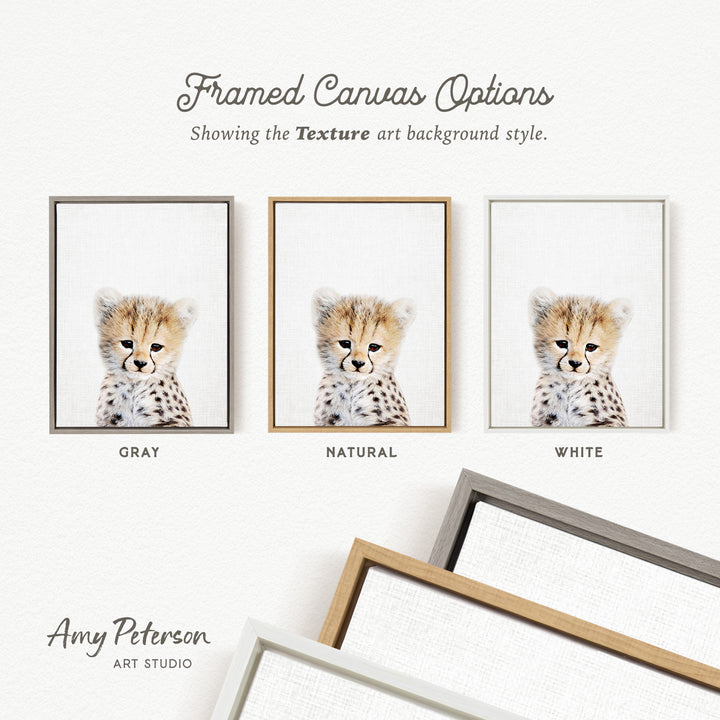 three framed canvas options, each with a different background color: gray, natural, and white. The text above the canvas options reads " Framed Canvas Options" and "Showing the Texture art background style." The text below the canvas options reads " Amy Peterson ART STUDIO".
