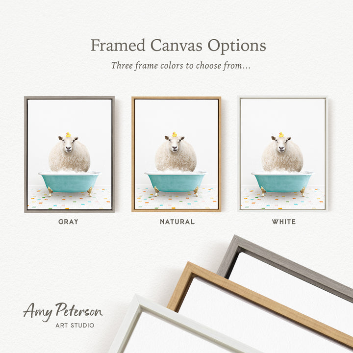 three framed canvas options featuring a sheep in a bathtub, with three different frame colors to choose from: gray, natural, and white.