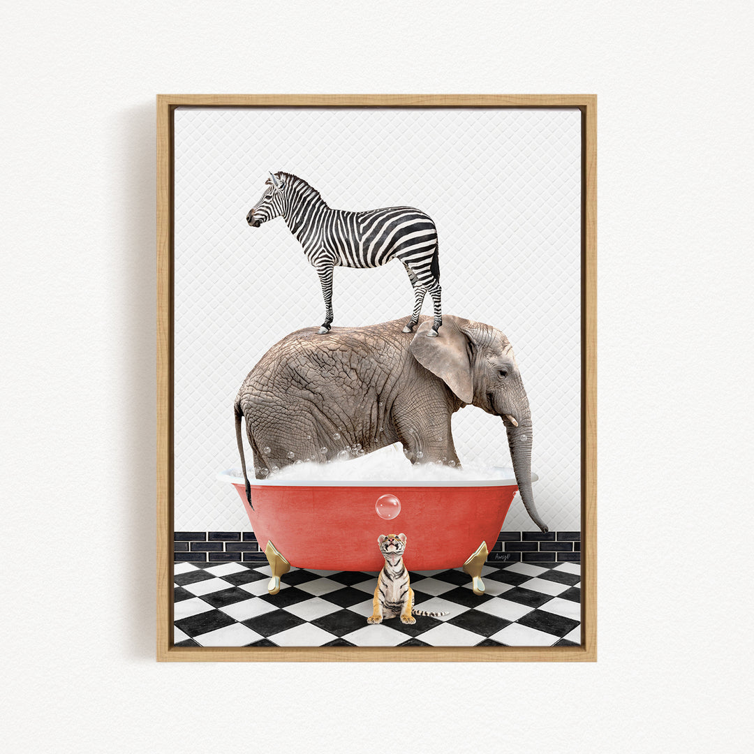 A zebra stands on the back of an elephant, which is submerged in a bathtub, with a small tiger sitting on the edge of the tub.