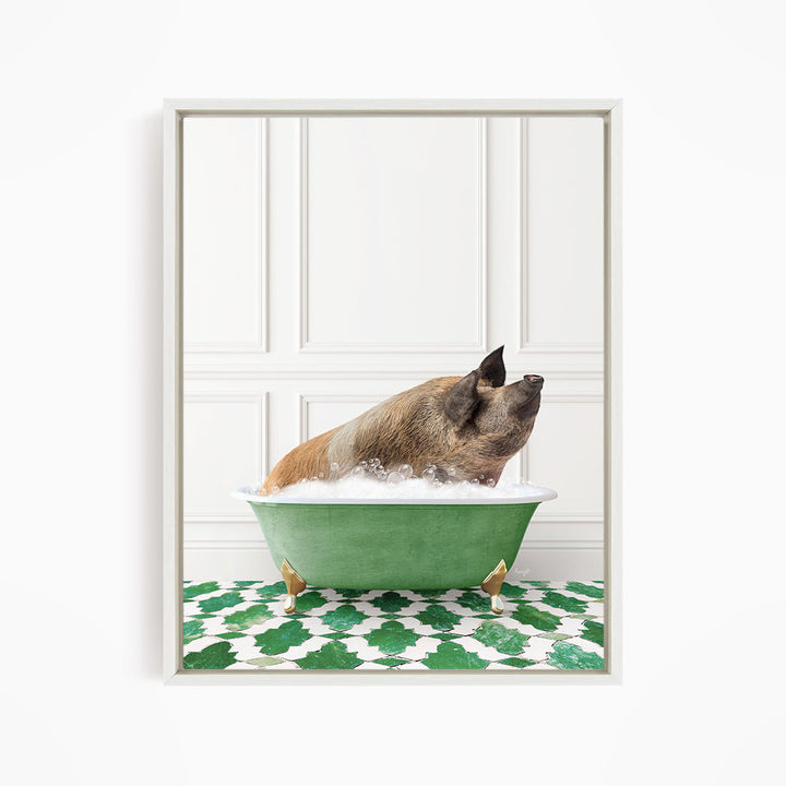 A brown dog is sitting in a green bathtub filled with water, looking up at the camera.
