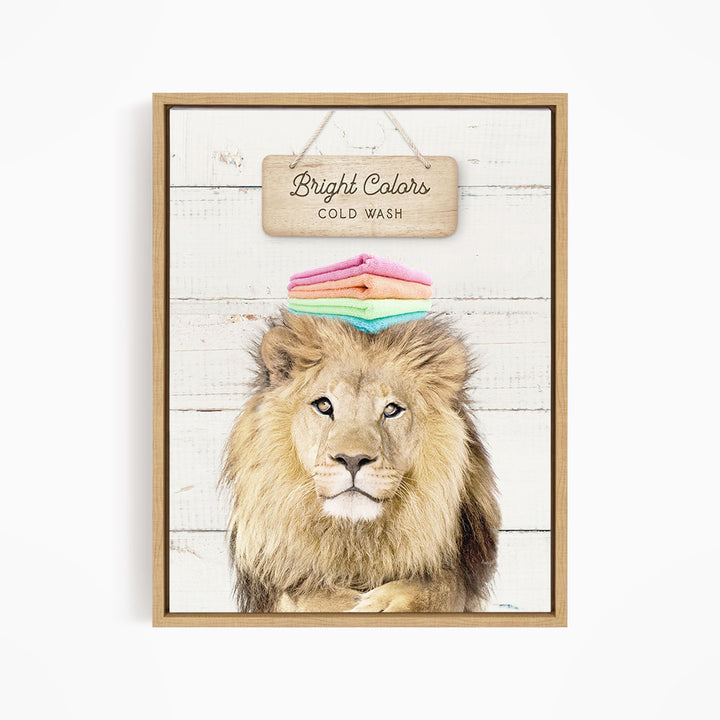 A framed image of a lion with a sign above it that says "Bright Colors Cold Wash".