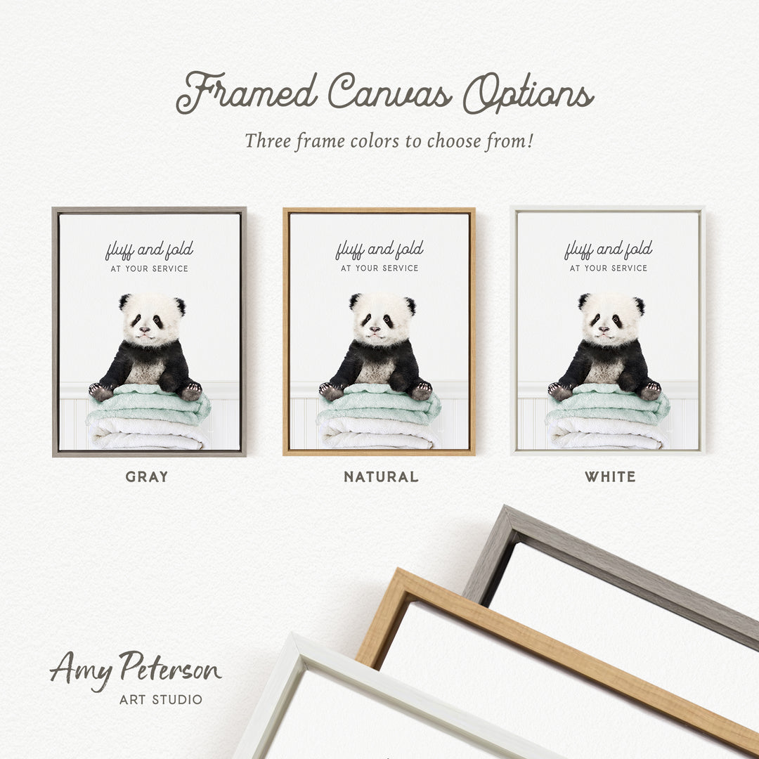 three framed canvas options, each featuring a panda bear sitting on a towel. The options include a gray, a natural, and a white frame.