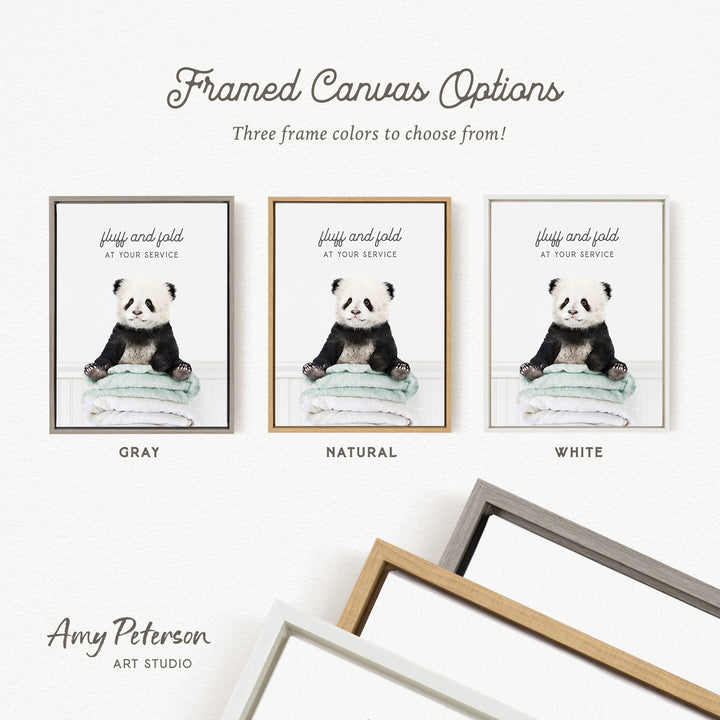 three framed canvas options, each featuring a panda bear sitting on a towel. The options include a gray, a natural, and a white frame.
