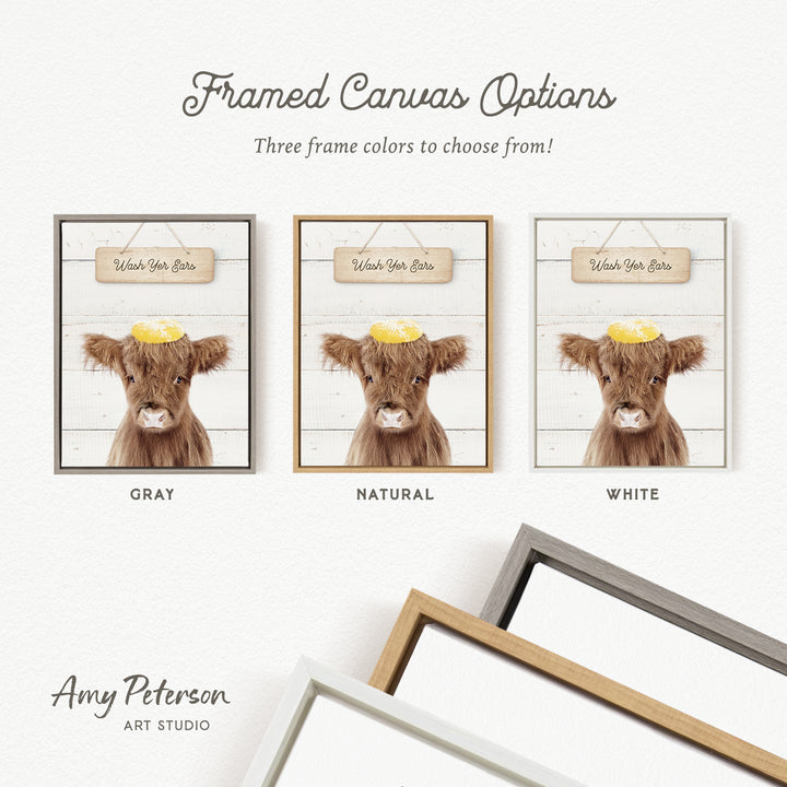 three framed canvas options featuring a cow with a yellow hat on its head, each in a different frame color: gray, natural, and white.
