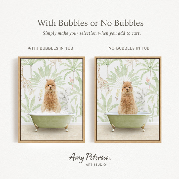 The image is a collage of two framed pictures, each featuring a small dog sitting in a bathtub. The dog appears to be a Pomeranian, and the bathtub is green. The text above the images reads "With Bubbles or No Bubbles" and below the images, it says "Simply make your selection when you add to cart."