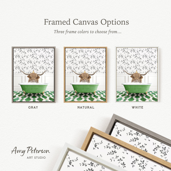 The image is a framed canvas option featuring three different framed pictures of a cow sitting in a bathtub. The cow is depicted in various colors, including gray, natural, and white. The canvas options are presented in a grid format, allowing viewers to choose their preferred frame color from the three available options.