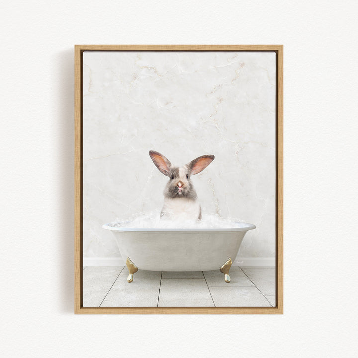 A white rabbit sitting in a white bathtub filled with water, with its head above the water level.