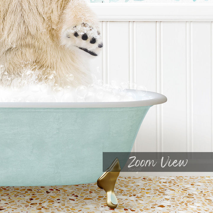 A fluffy white dog is standing in a light blue bathtub filled with bubbles, with its paw raised in the air.