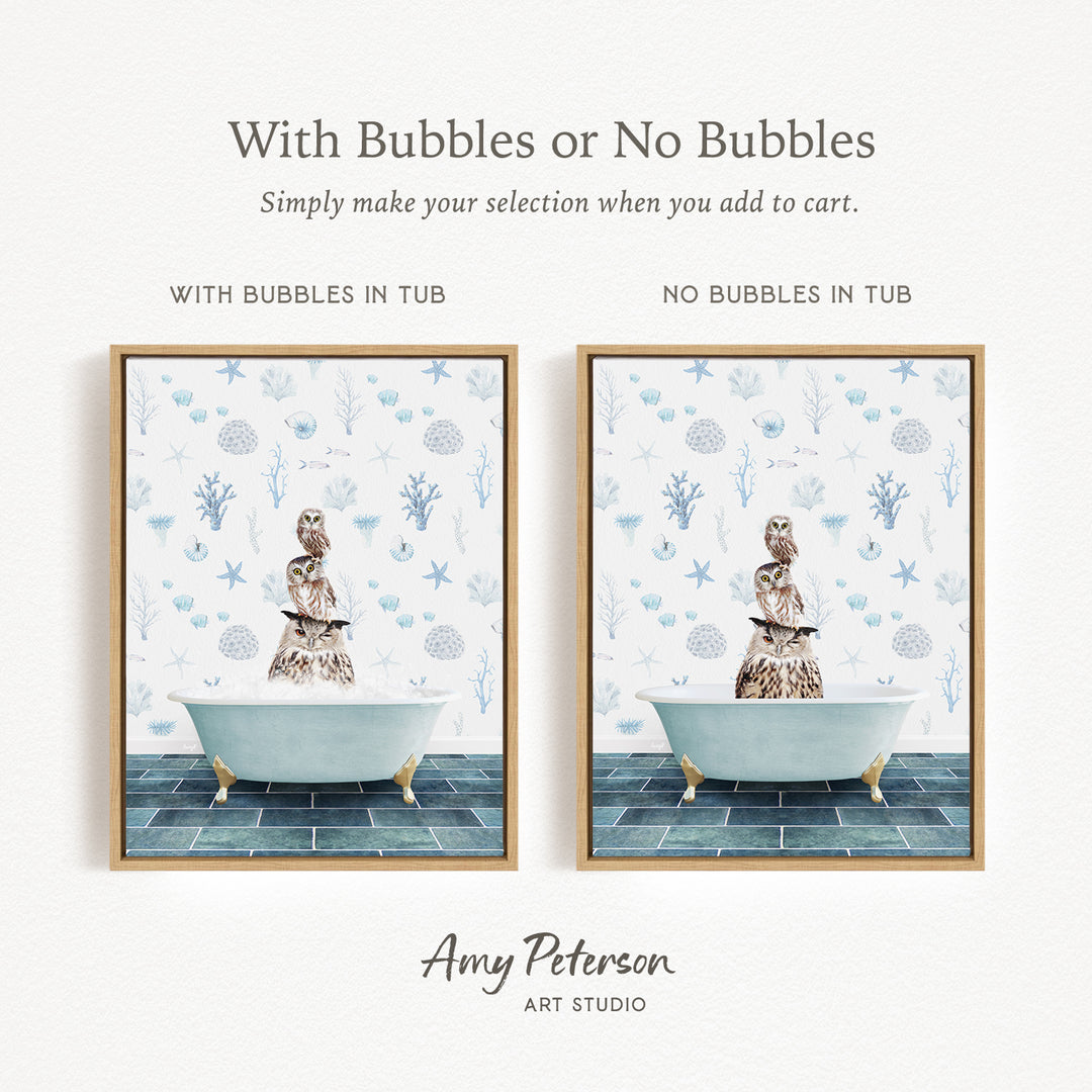 The image is a framed print featuring two different scenes of a person sitting in a bathtub. The first scene has bubbles in the tub, while the second scene does not have bubbles. The text above the images reads "With Bubbles or No Bubbles Simply make your selection when you add to cart."