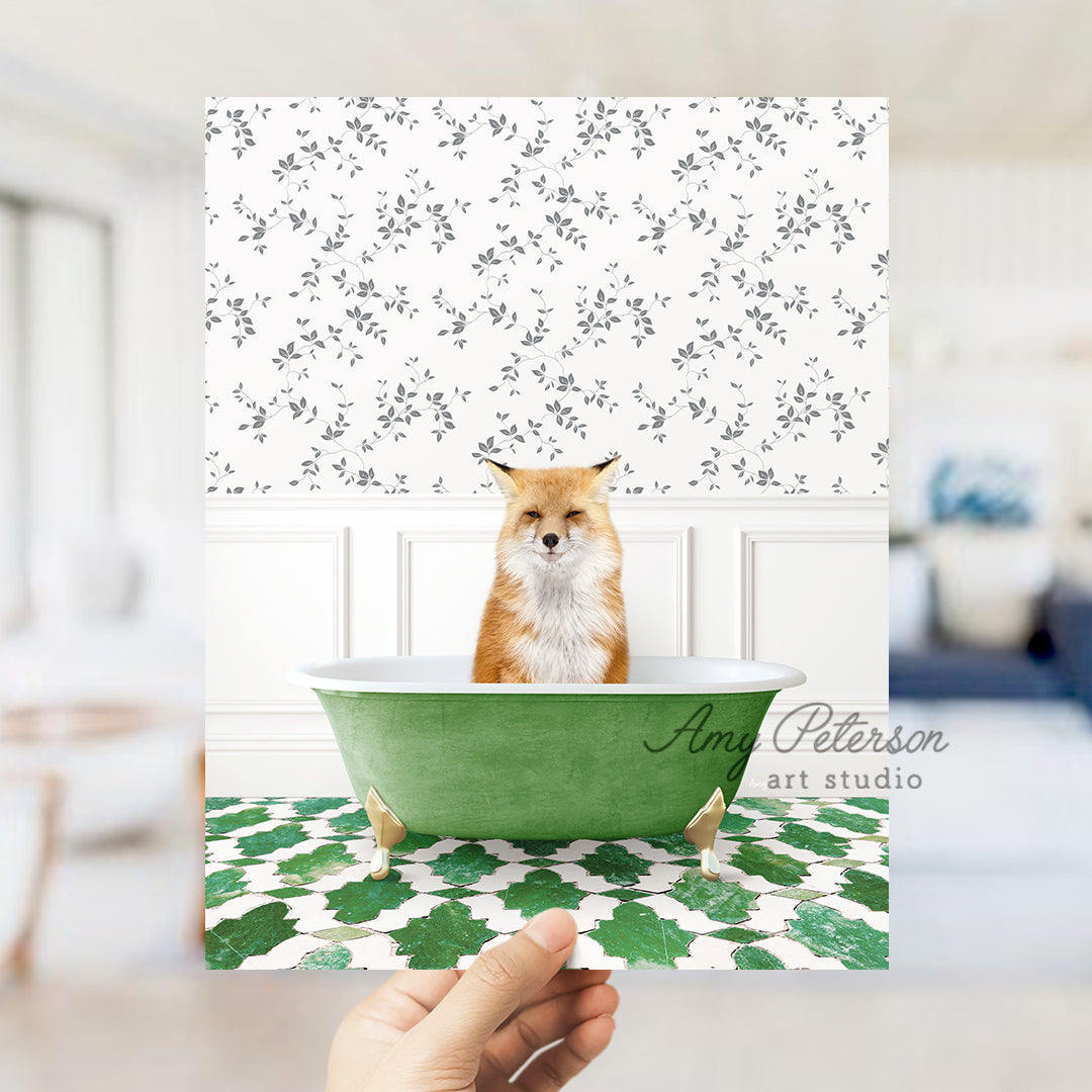 a person holding up a card with a picture of a fox in a bathtub