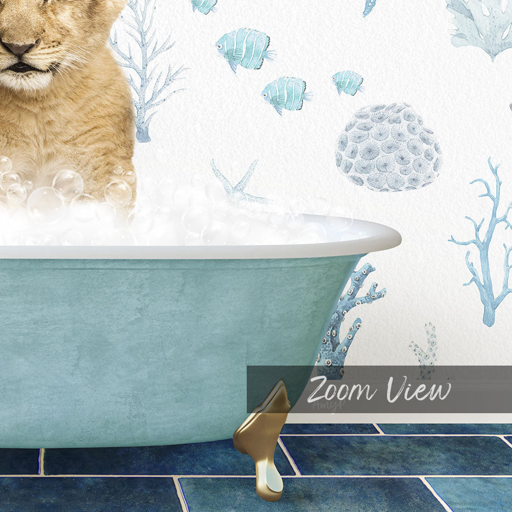 A cat sitting in a bathtub filled with bubbles, surrounded by a blue and white underwater scene with fish and coral.