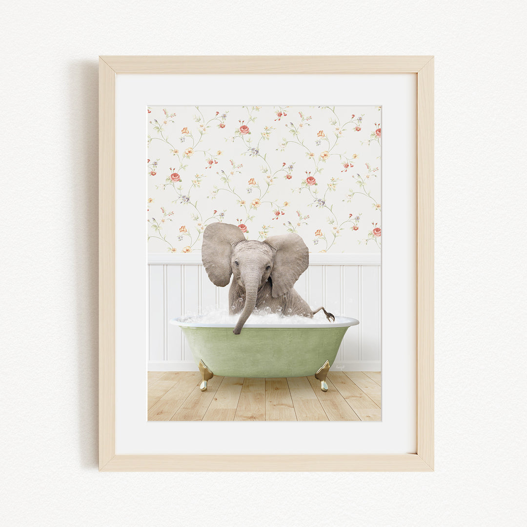 A gray elephant is sitting in a green bathtub, surrounded by a floral wallpaper.