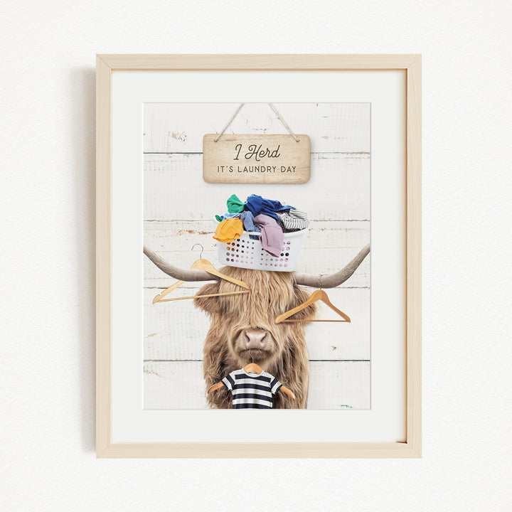 A framed image depicting a cow with a basket of laundry on its head, accompanied by a sign that reads "I herd it's laundry day".