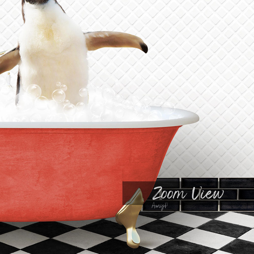 A penguin standing in a red bathtub filled with bubbles, with a black and white checkered floor and a tile wall in the background.