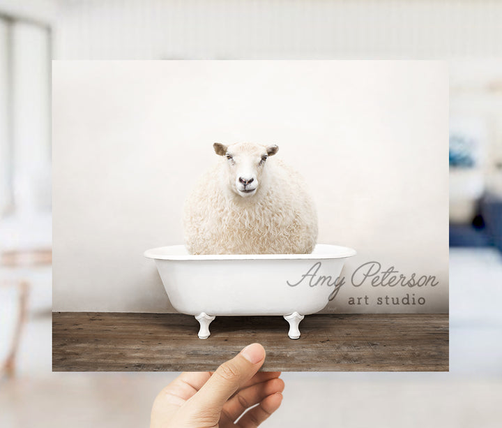 a sheep sitting in a bathtub on a table