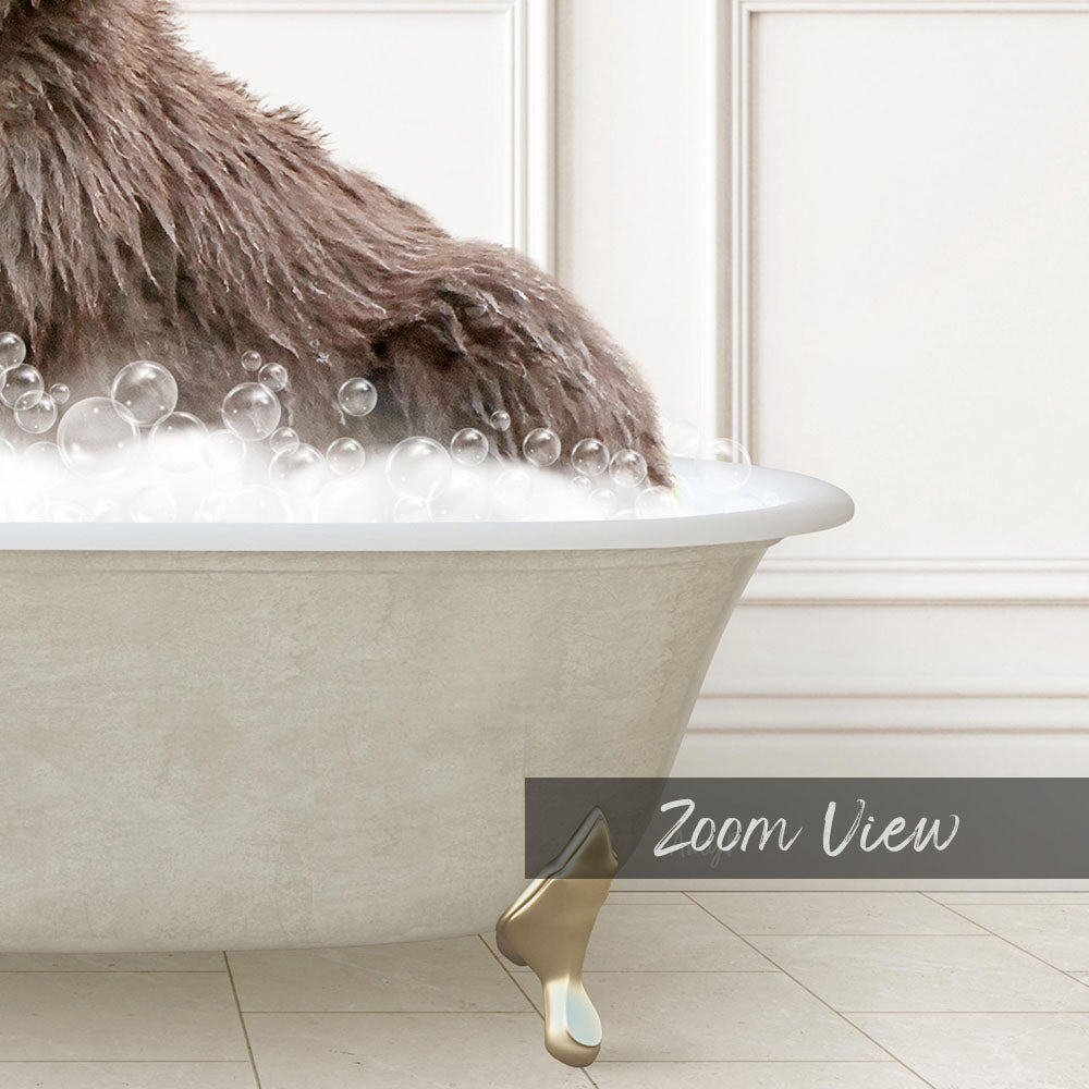 A fluffy brown dog is sitting in a bathtub filled with bubbles, enjoying a bath.