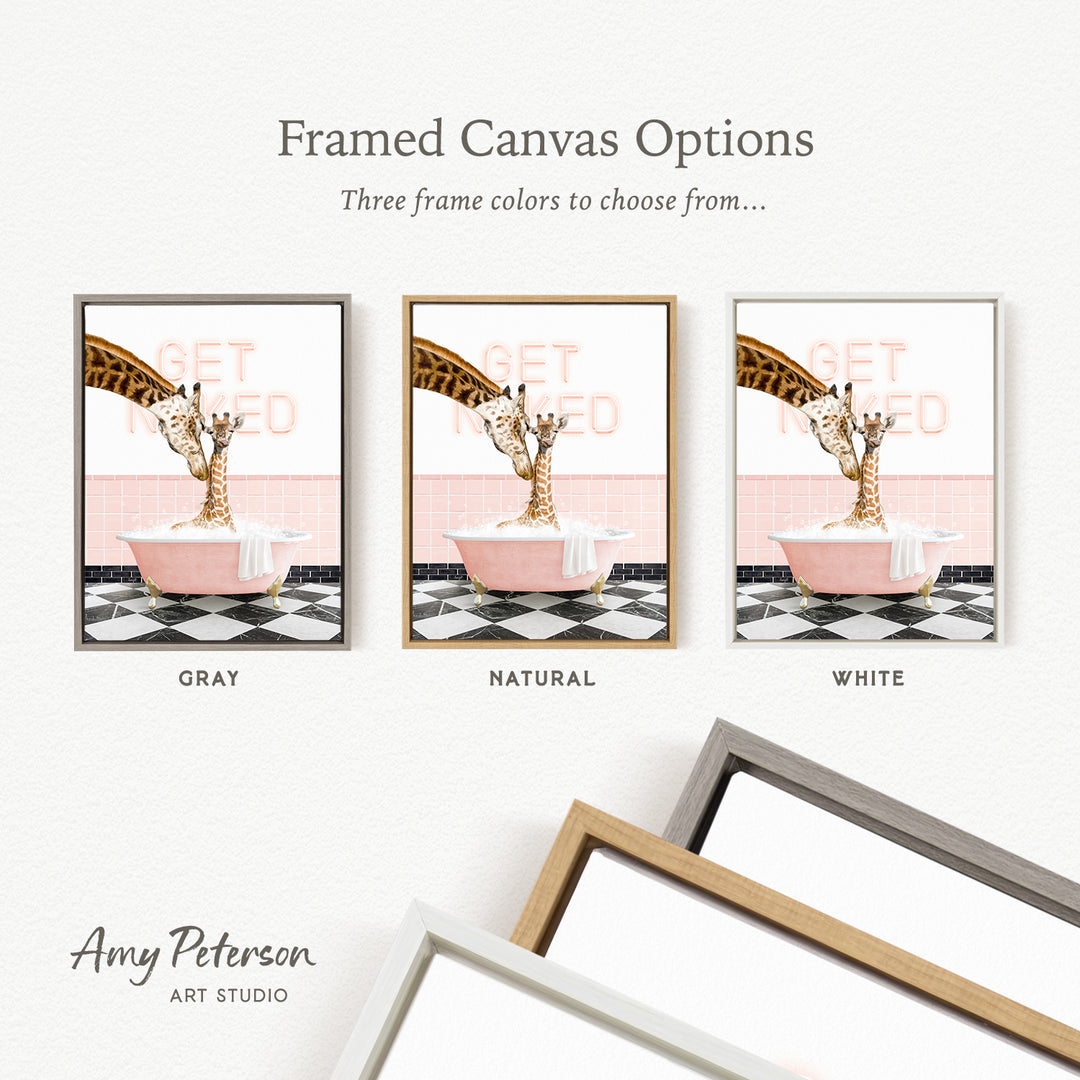 three framed canvas options, each featuring a giraffe in a bathtub. The options include a gray frame, a natural frame, and a white frame. The text above the options reads " Framed Canvas Options" and "Three frame colors to choose from...".